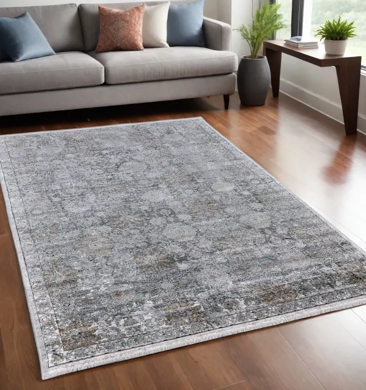 5' X 7' Gray and Silver Damask Power Loom Worn Faded Area Rug