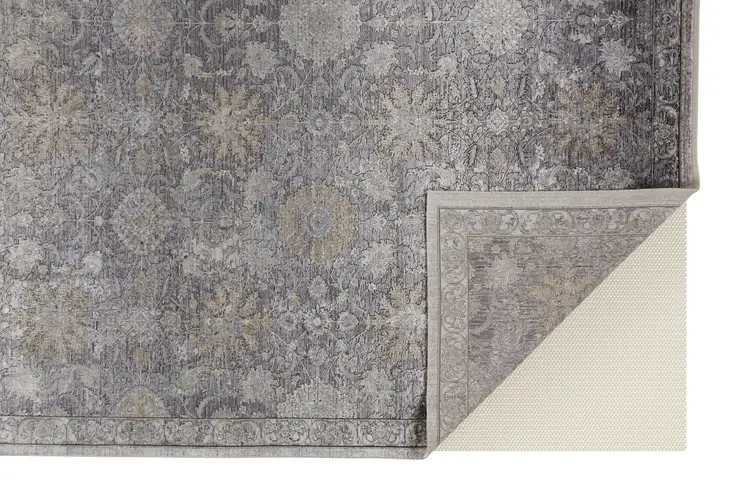 7' X 10' Gray and Silver Damask Power Loom Worn Faded Area Rug