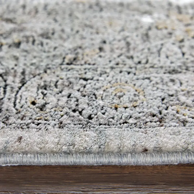 8' X 10' Gray and Silver Damask Power Loom Worn Faded Area Rug