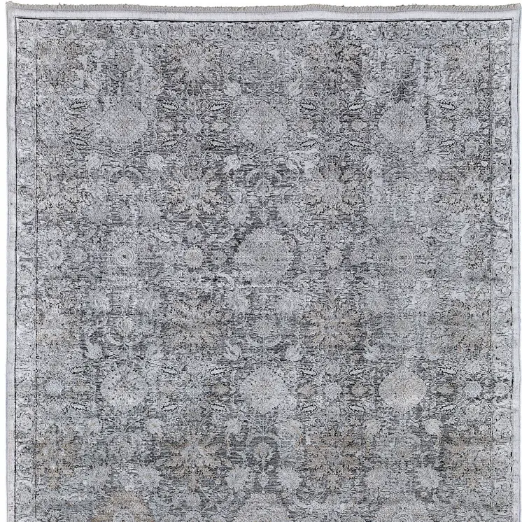 8' X 10' Gray and Silver Damask Power Loom Worn Faded Area Rug