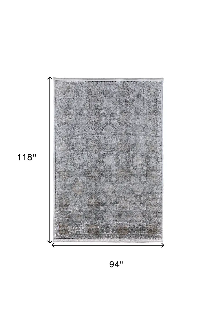 8' X 10' Gray and Silver Damask Power Loom Worn Faded Area Rug