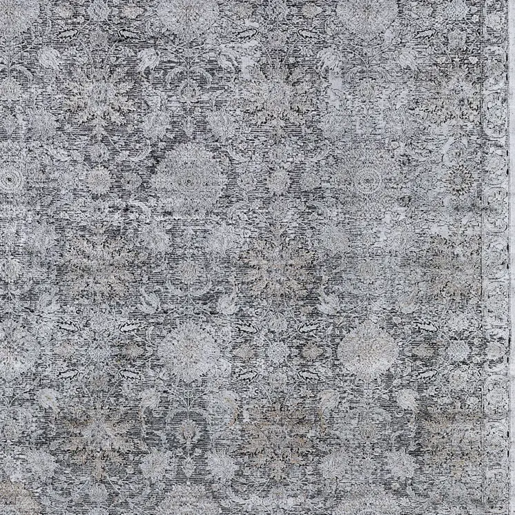 9' X 13' Gray and Silver Damask Power Loom Worn Faded Area Rug