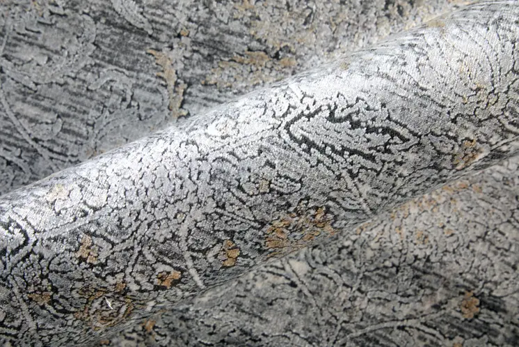 8' Gray and Silver Damask Power Loom Worn Faded Runner Rug