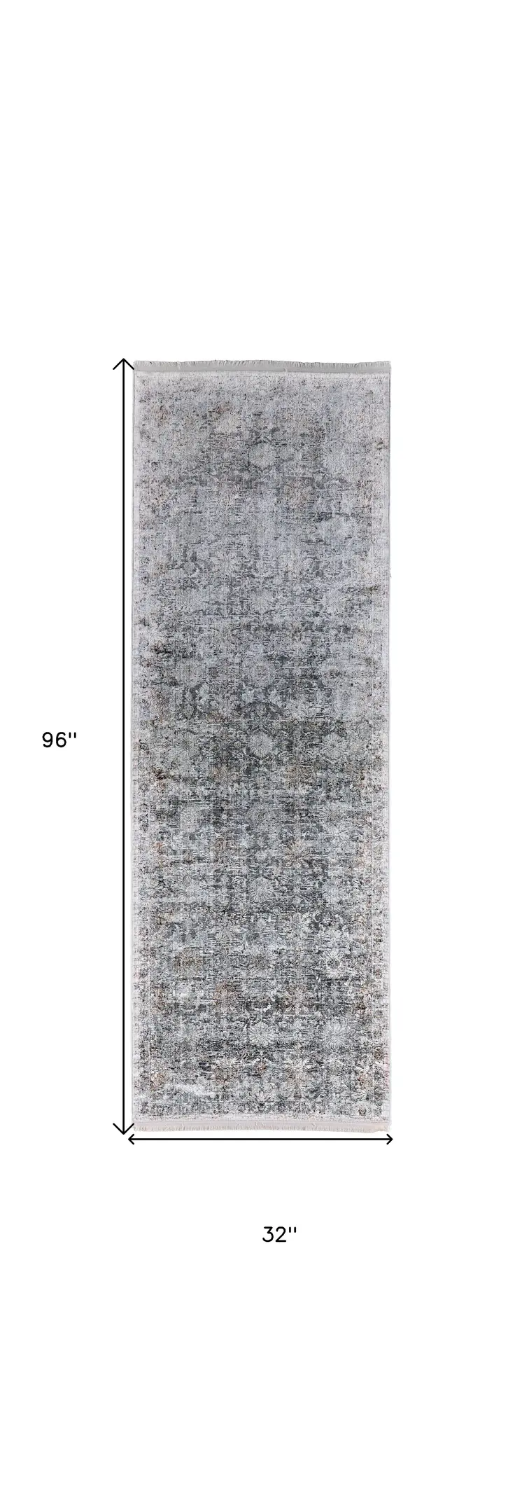 8' Gray and Silver Damask Power Loom Worn Faded Runner Rug