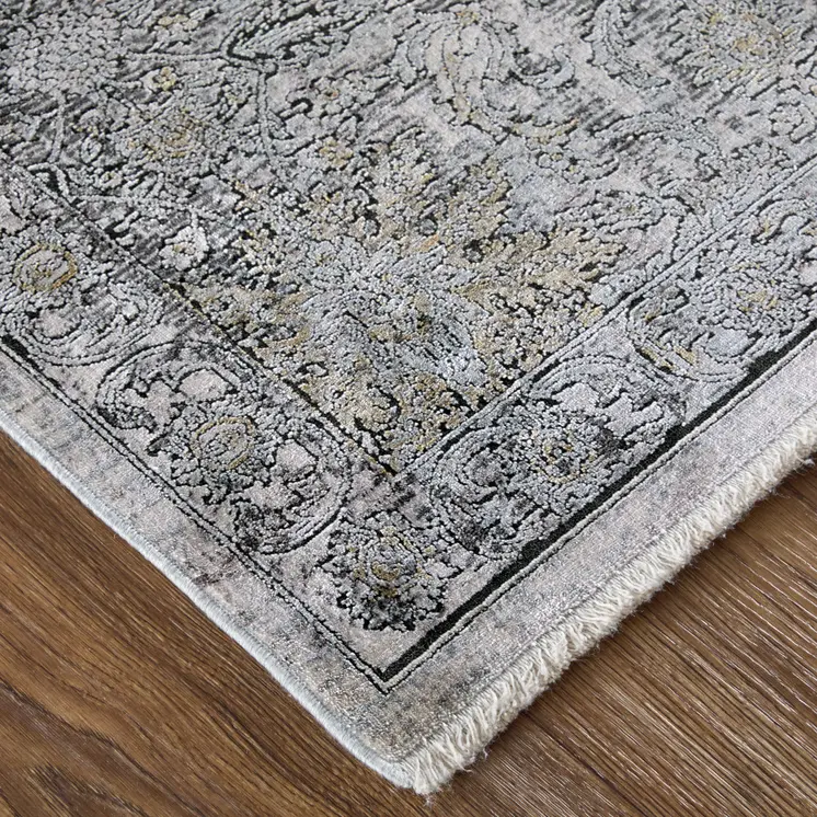 8' Gray and Silver Damask Power Loom Worn Faded Runner Rug