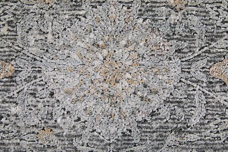 8' Gray and Silver Damask Power Loom Worn Faded Runner Rug