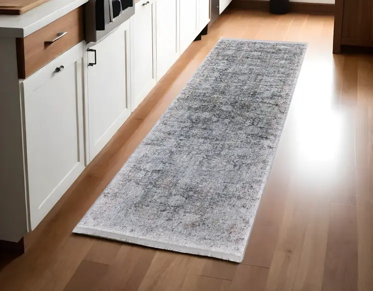 8' Gray and Silver Damask Power Loom Worn Faded Runner Rug