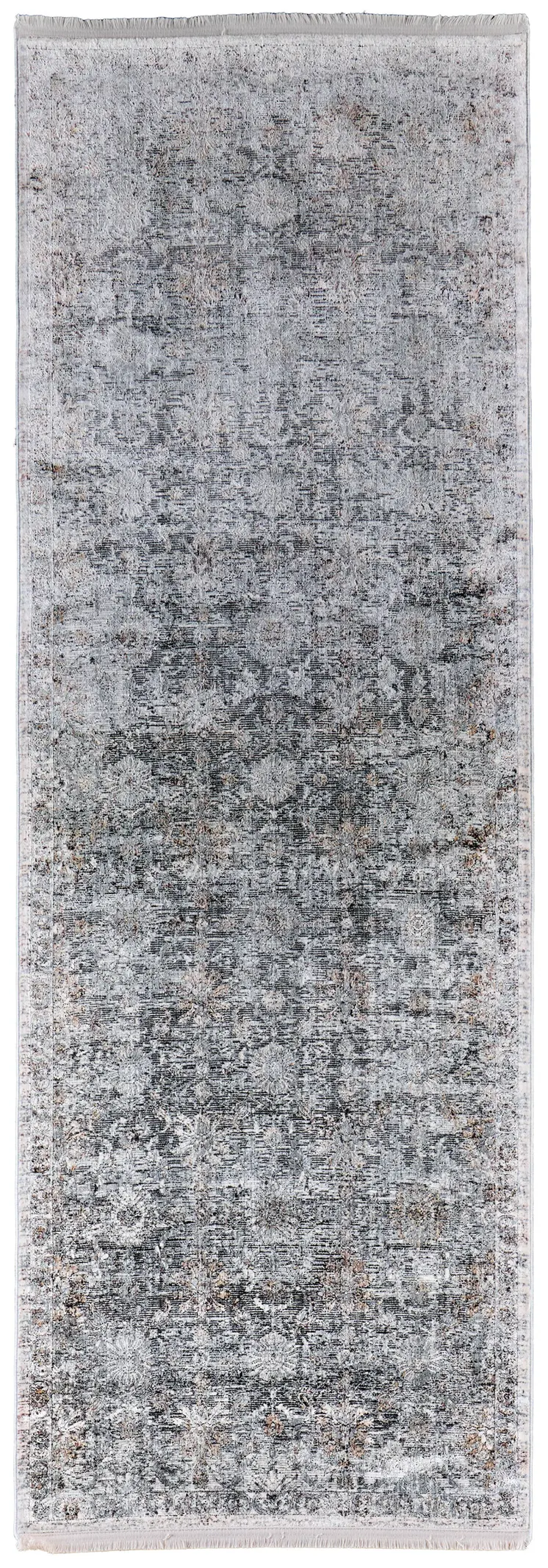 8' Gray and Silver Damask Power Loom Worn Faded Runner Rug