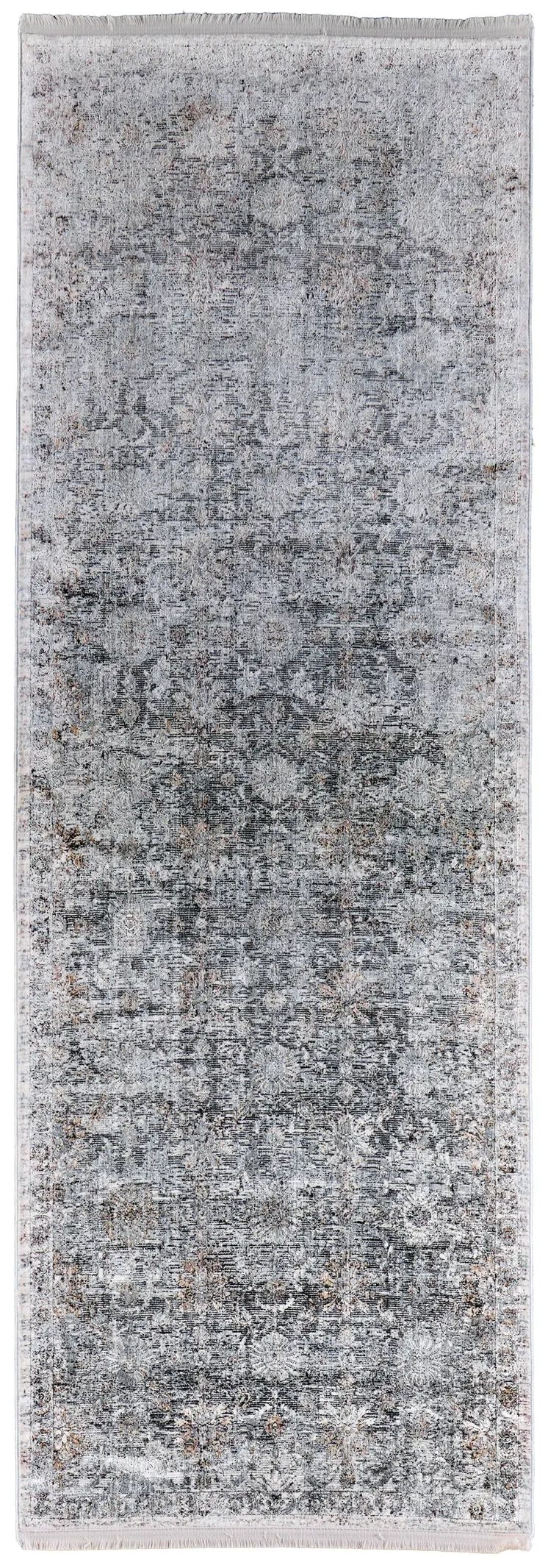8' Gray and Silver Damask Power Loom Worn Faded Runner Rug