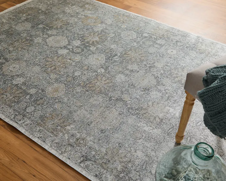 12' X 15' Gray and Silver Damask Power Loom Worn Faded Area Rug