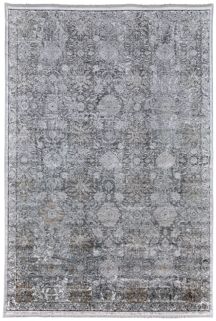 12' X 15' Gray and Silver Damask Power Loom Worn Faded Area Rug