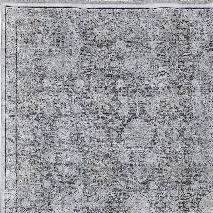 12' X 15' Gray and Silver Damask Power Loom Worn Faded Area Rug