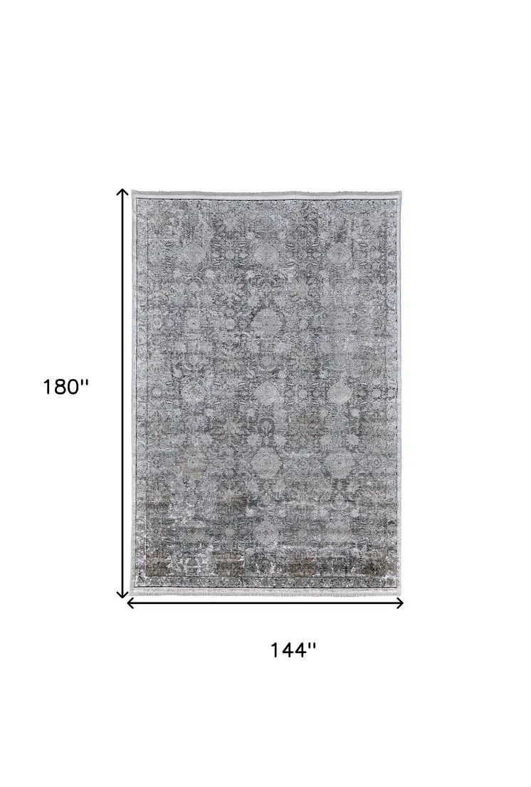 12' X 15' Gray and Silver Damask Power Loom Worn Faded Area Rug