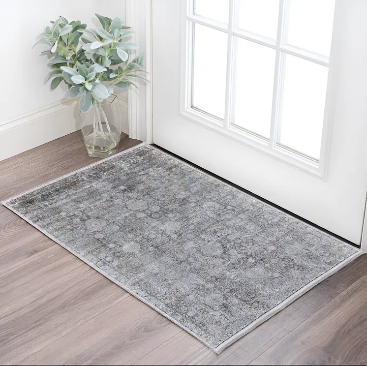 2' X 3' Gray and Silver Damask Power Loom Worn Faded Area Rug
