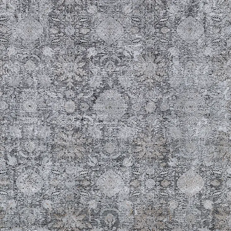 2' X 3' Gray and Silver Damask Power Loom Worn Faded Area Rug