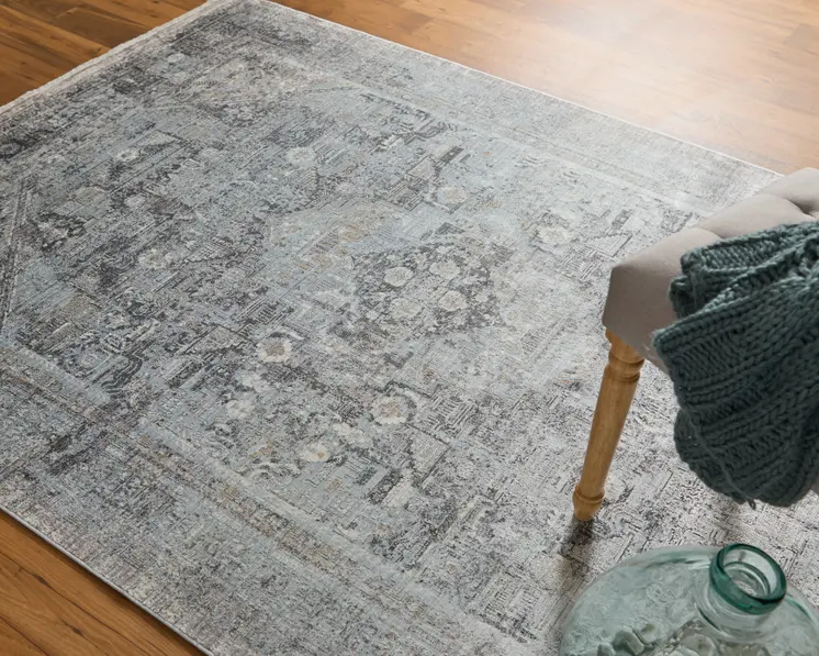 4' X 5' Gray and Silver Oriental Power Loom Worn Faded Area Rug