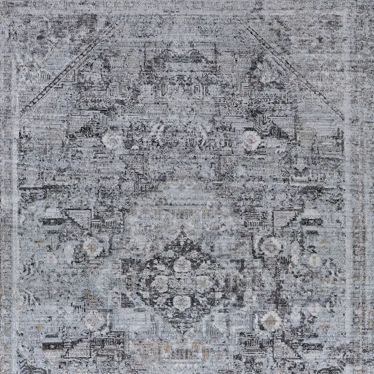 4' X 5' Gray and Silver Oriental Power Loom Worn Faded Area Rug
