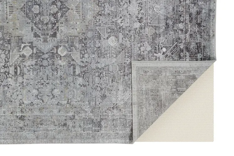 5' X 7' Gray and Silver Oriental Power Loom Worn Faded Area Rug