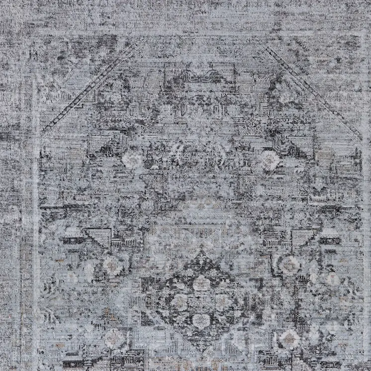 5' X 7' Gray and Silver Oriental Power Loom Worn Faded Area Rug