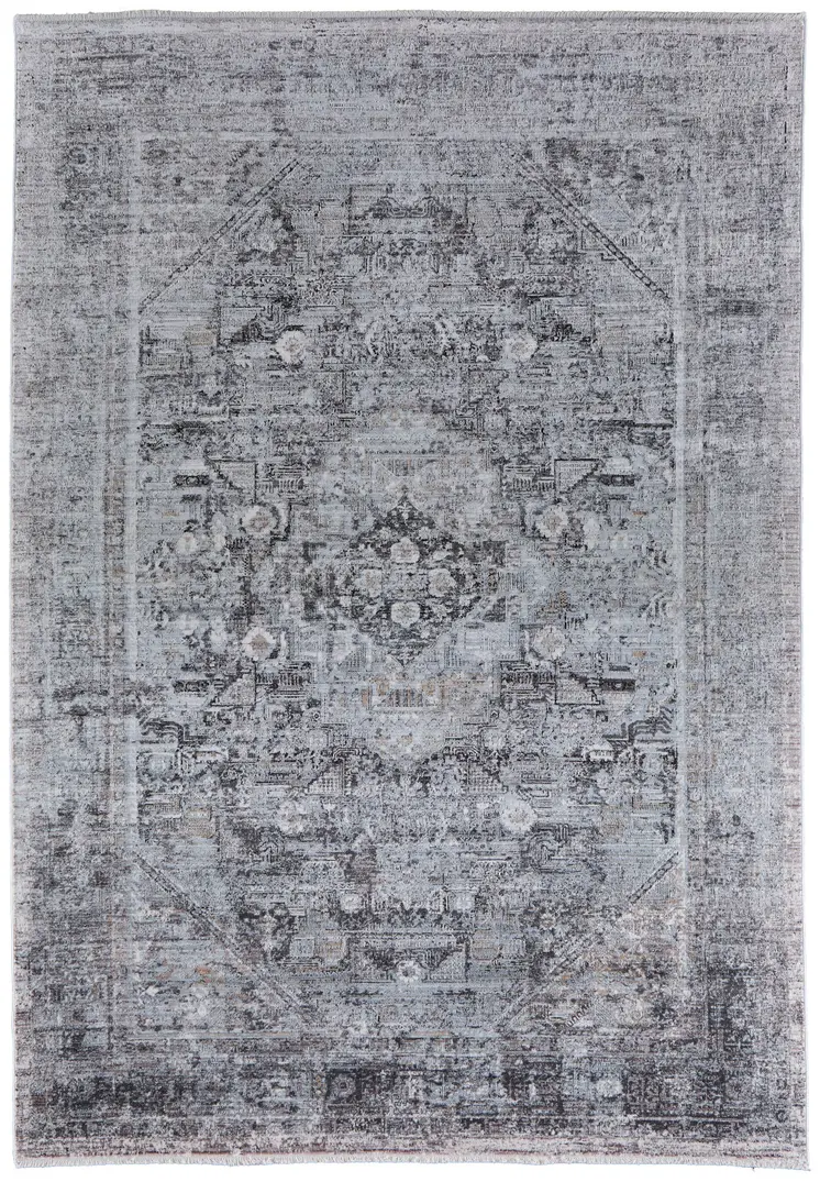 5' X 7' Gray and Silver Oriental Power Loom Worn Faded Area Rug
