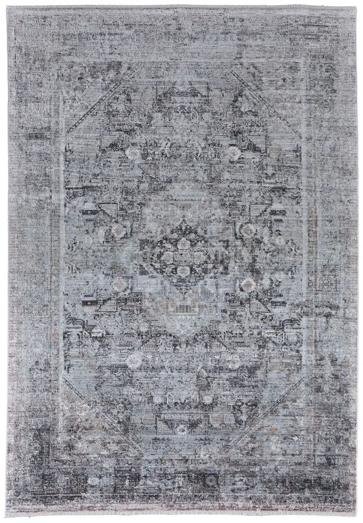 5' X 7' Gray and Silver Oriental Power Loom Worn Faded Area Rug