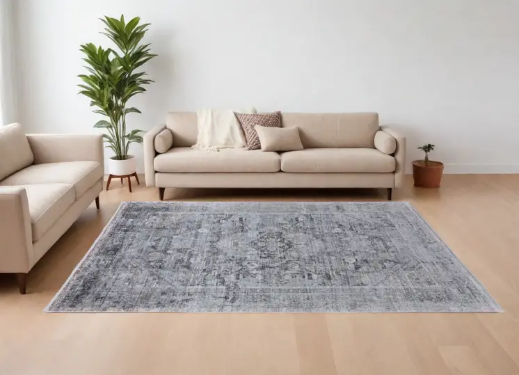 7' X 10' Gray and Silver Oriental Power Loom Worn Faded Area Rug