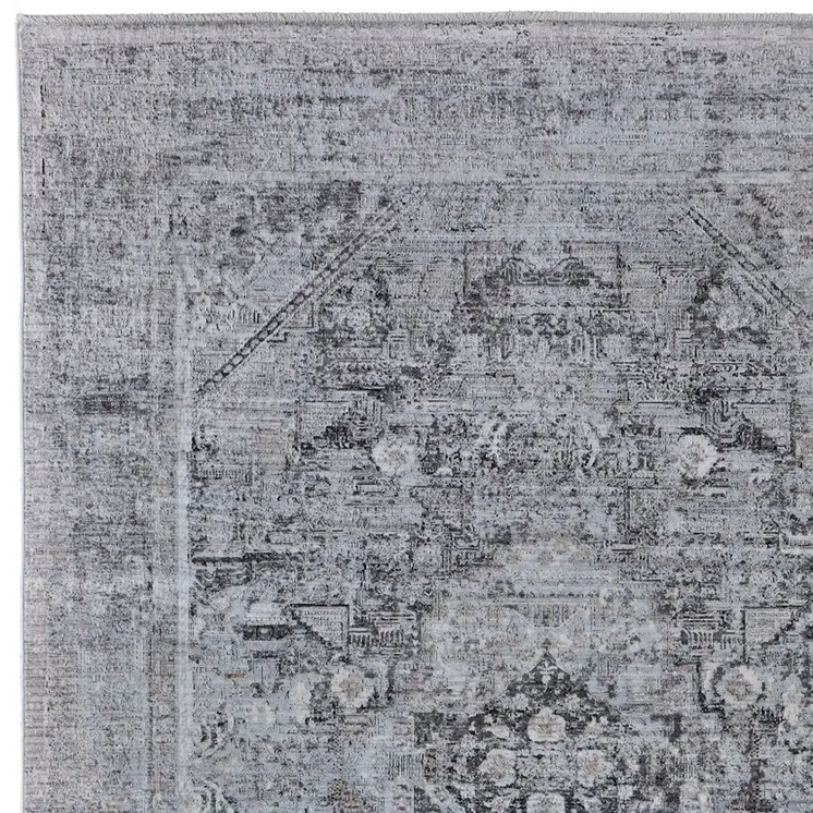 7' X 10' Gray and Silver Oriental Power Loom Worn Faded Area Rug