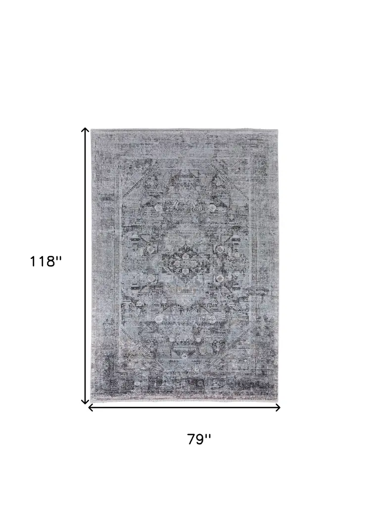 7' X 10' Gray and Silver Oriental Power Loom Worn Faded Area Rug