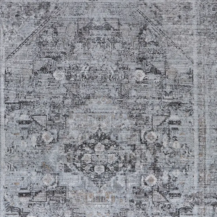 8' X 10' Gray and Silver Oriental Power Loom Worn Faded Area Rug