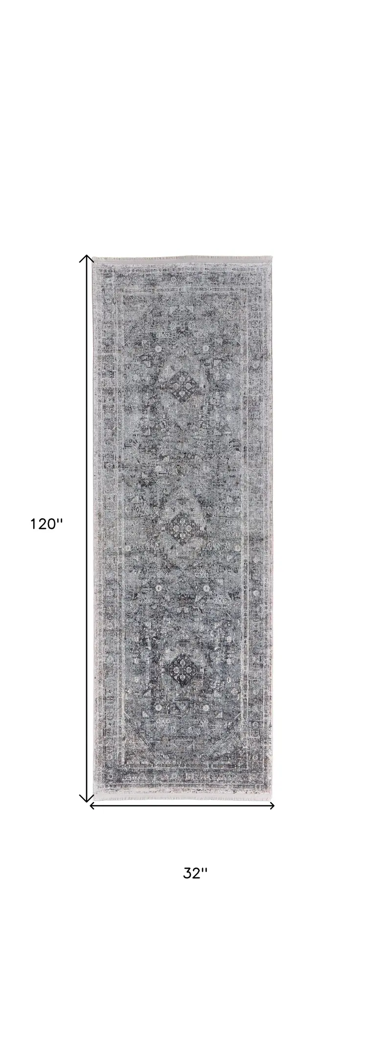 8' Gray and Silver Oriental Power Loom Worn Faded Runner Rug