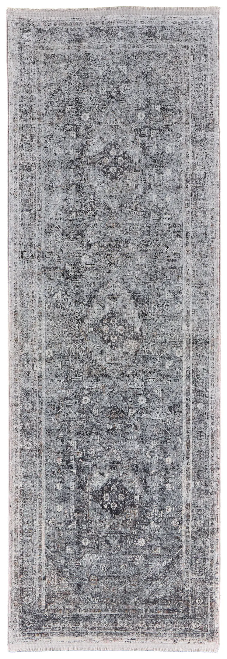 8' Gray and Silver Oriental Power Loom Worn Faded Runner Rug