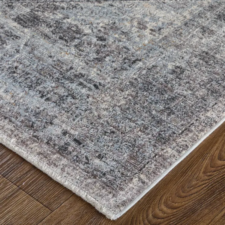 12' Gray and Silver Oriental Power Loom Worn Faded Runner Rug