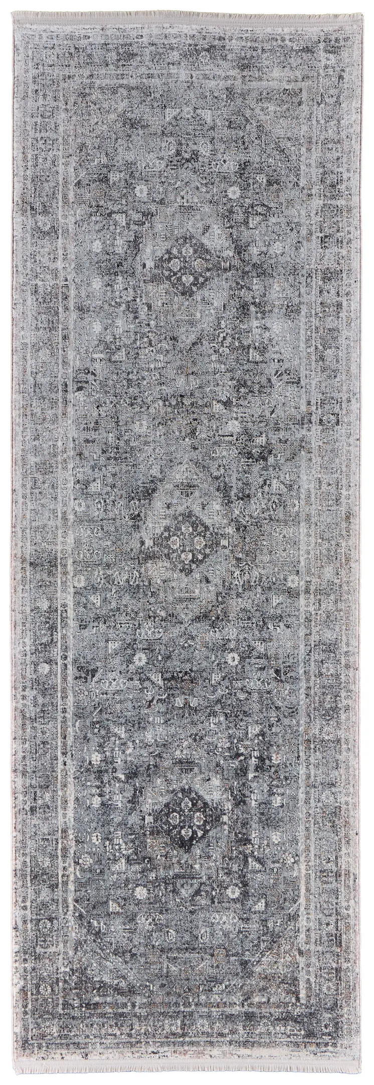 12' Gray and Silver Oriental Power Loom Worn Faded Runner Rug