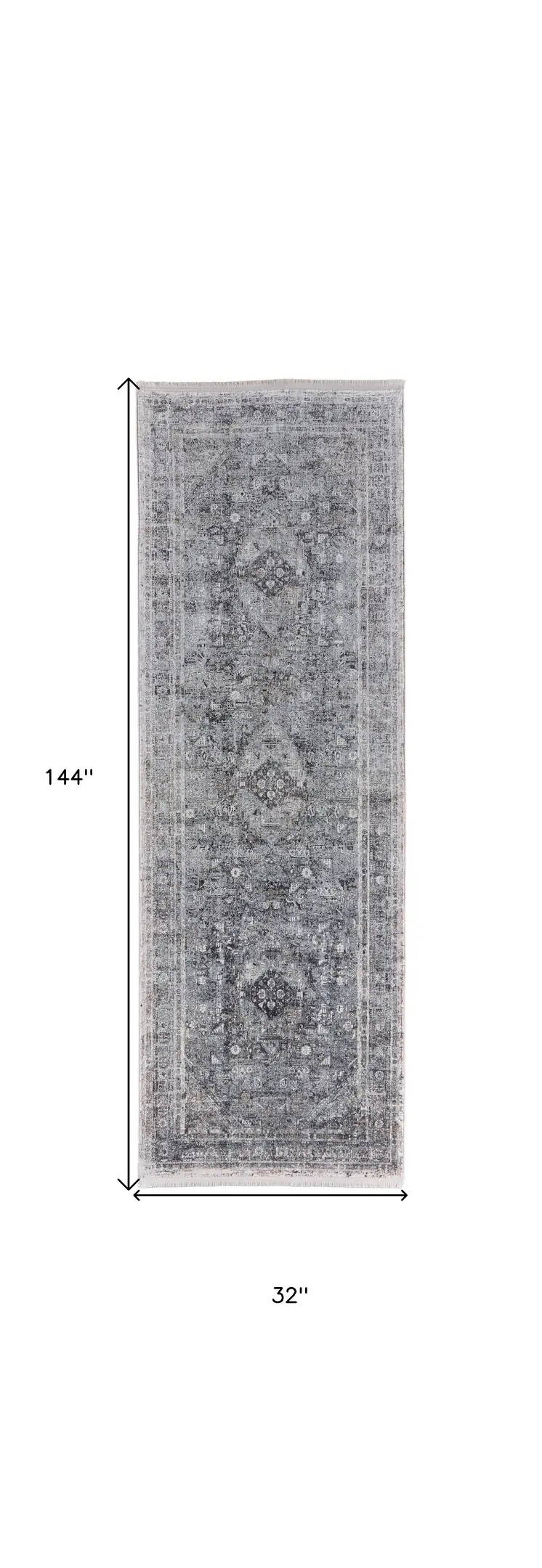 12' Gray and Silver Oriental Power Loom Worn Faded Runner Rug