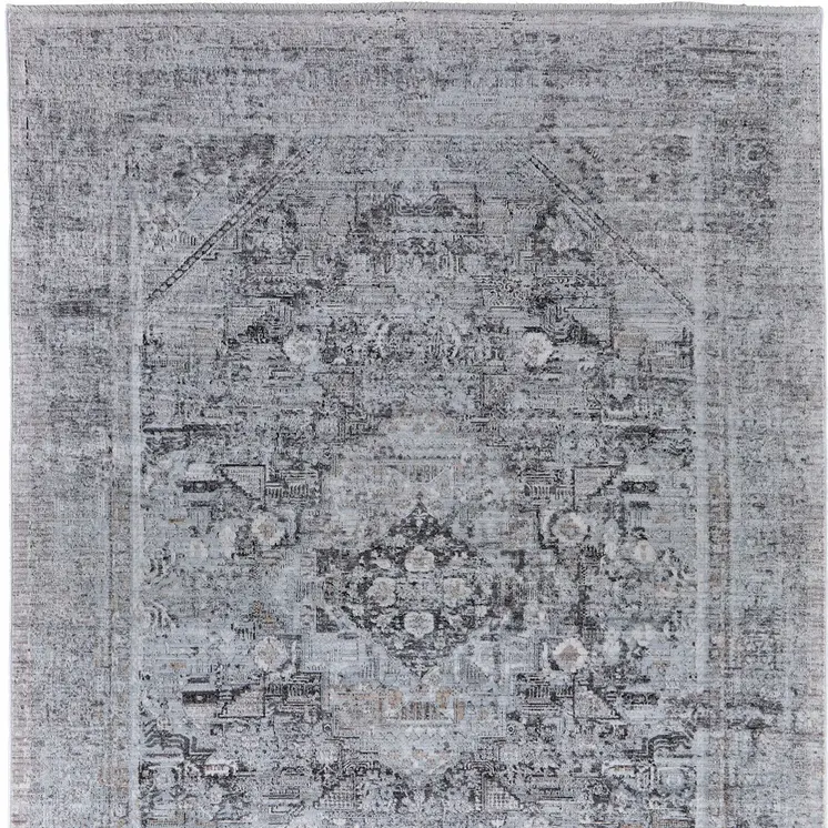 12' X 15' Gray and Silver Oriental Power Loom Worn Faded Area Rug