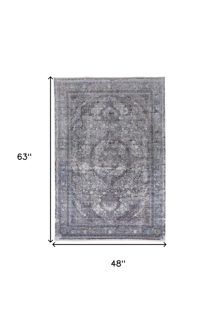 4' X 5' Gray and Silver Oriental Power Loom Worn Faded Area Rug