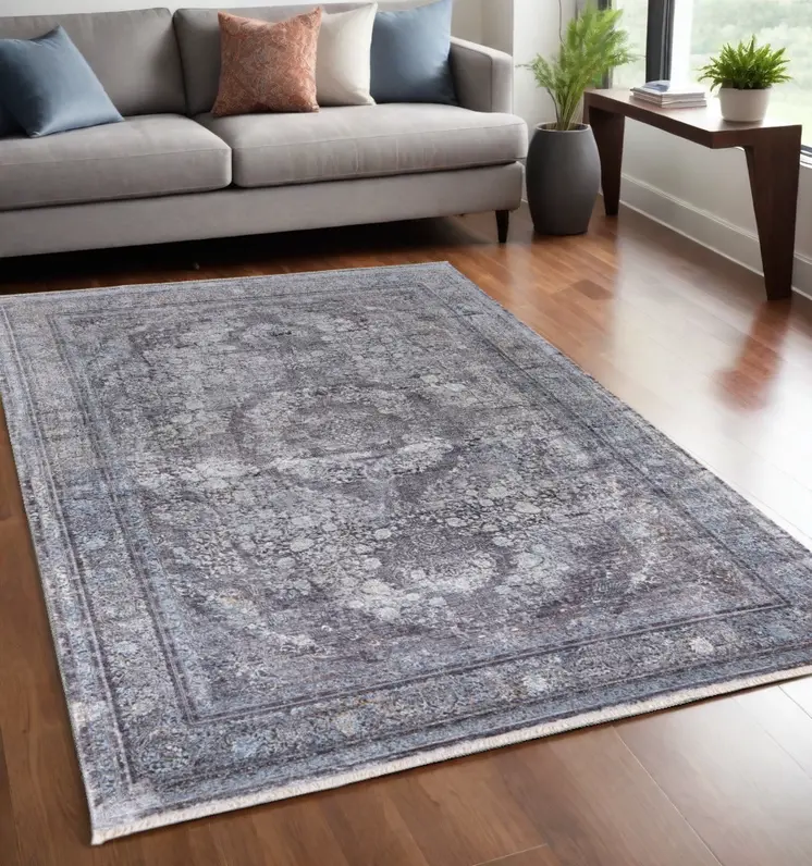 5' X 7' Gray and Silver Oriental Power Loom Worn Faded Area Rug