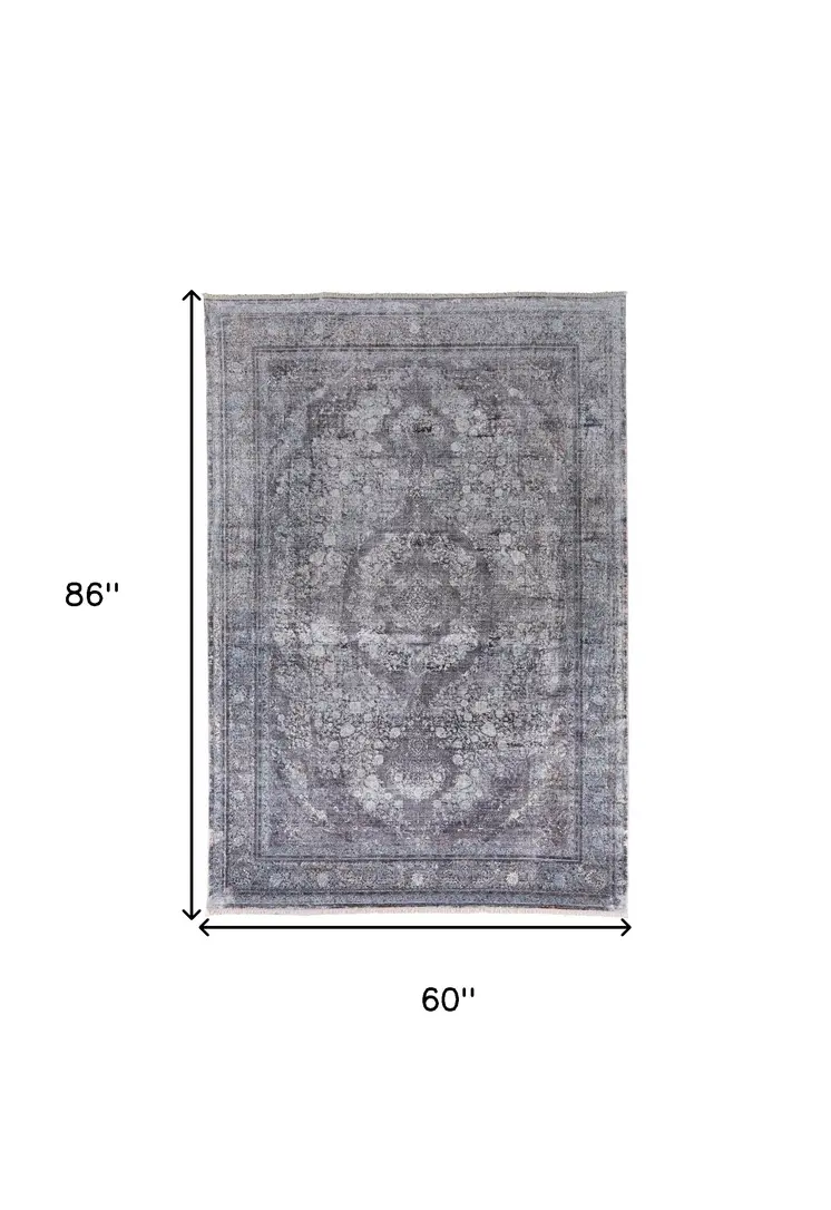 5' X 7' Gray and Silver Oriental Power Loom Worn Faded Area Rug