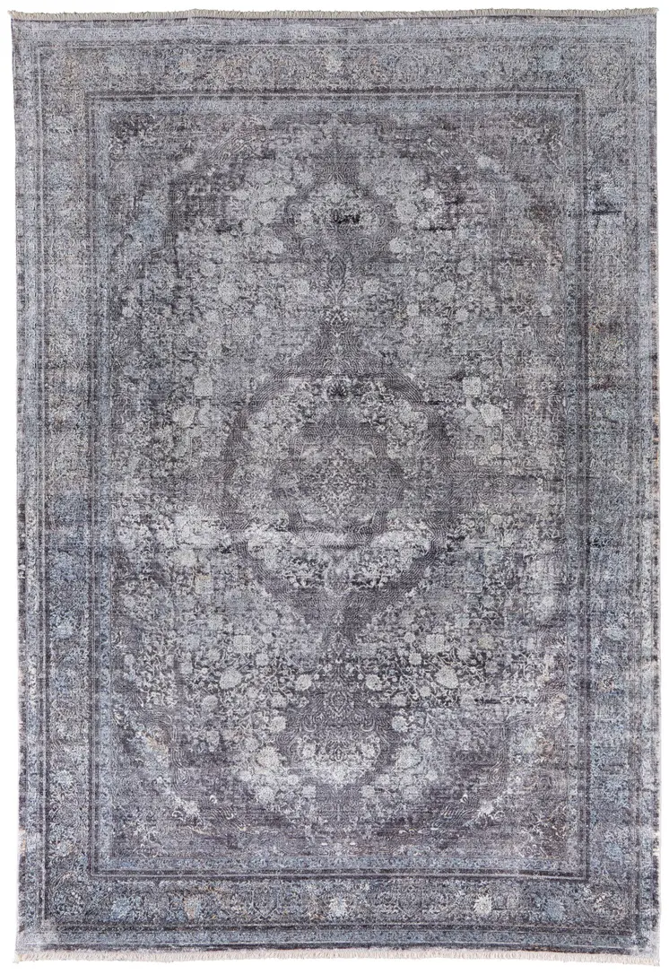 7' X 10' Gray and Silver Oriental Power Loom Worn Faded Area Rug