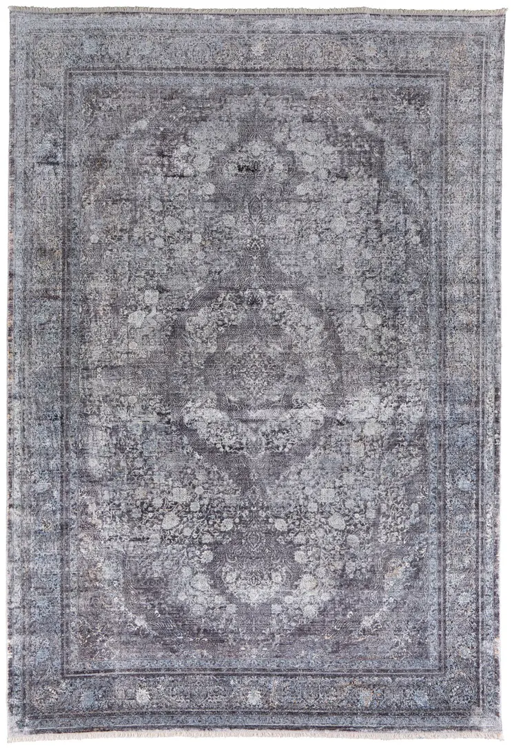 7' X 10' Gray and Silver Oriental Power Loom Worn Faded Area Rug