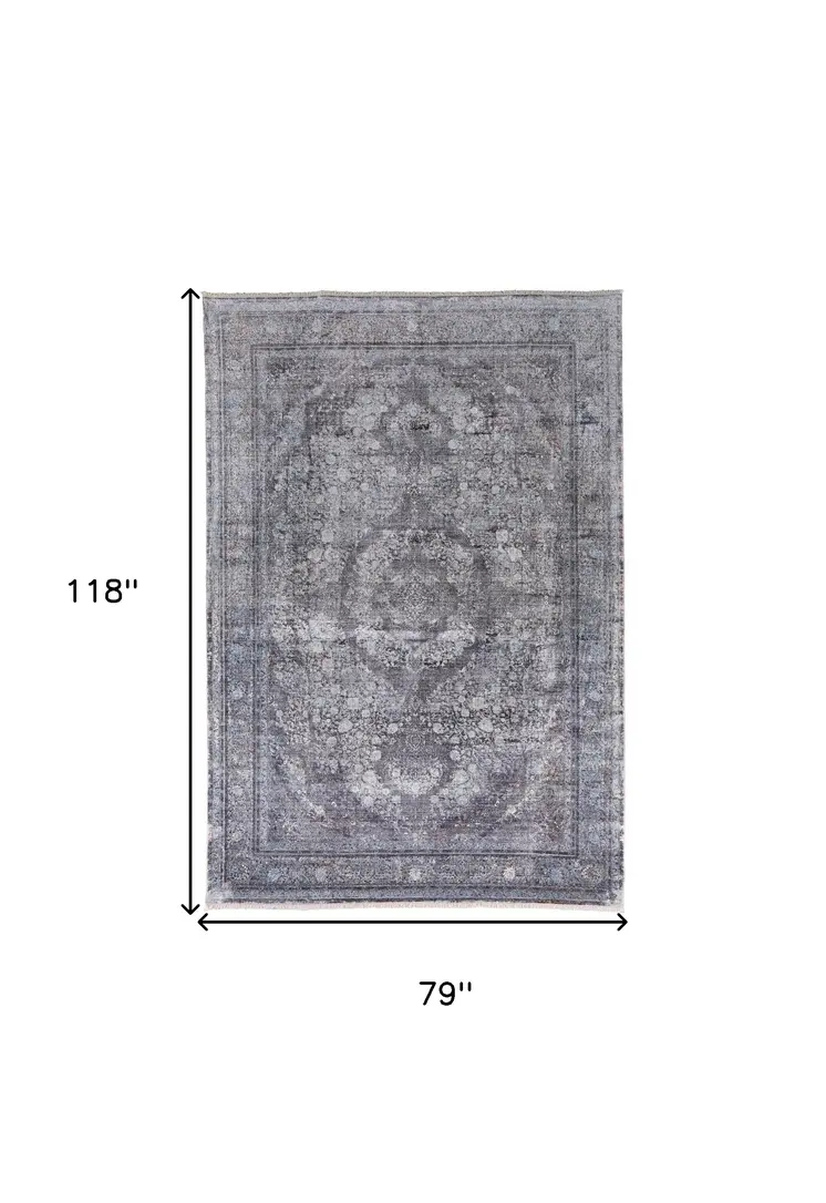 7' X 10' Gray and Silver Oriental Power Loom Worn Faded Area Rug