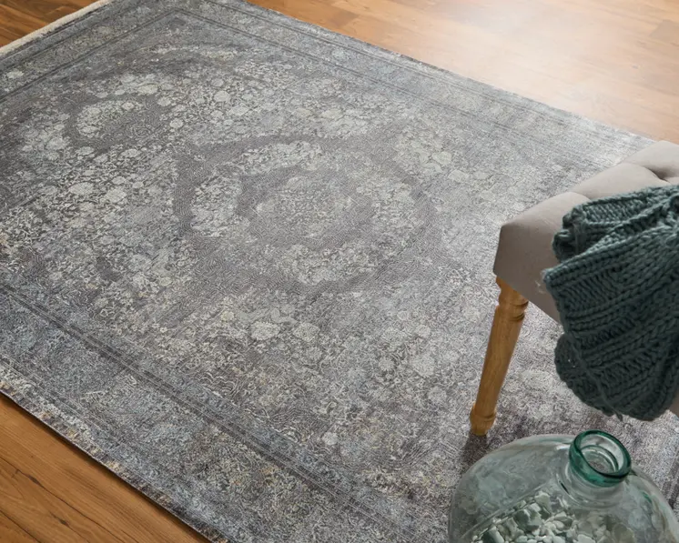 8' X 10' Gray and Silver Oriental Power Loom Worn Faded Area Rug