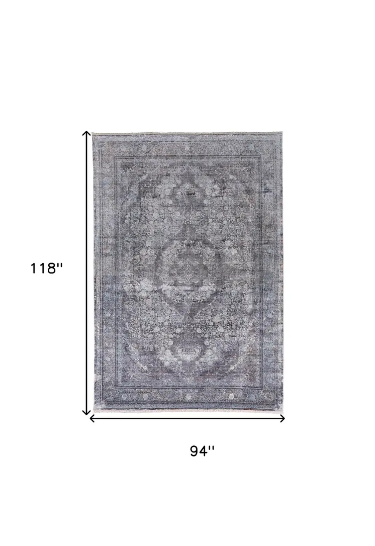 8' X 10' Gray and Silver Oriental Power Loom Worn Faded Area Rug