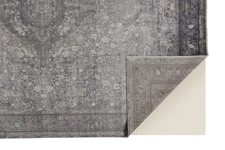 9' X 13' Gray and Silver Oriental Power Loom Worn Faded Area Rug