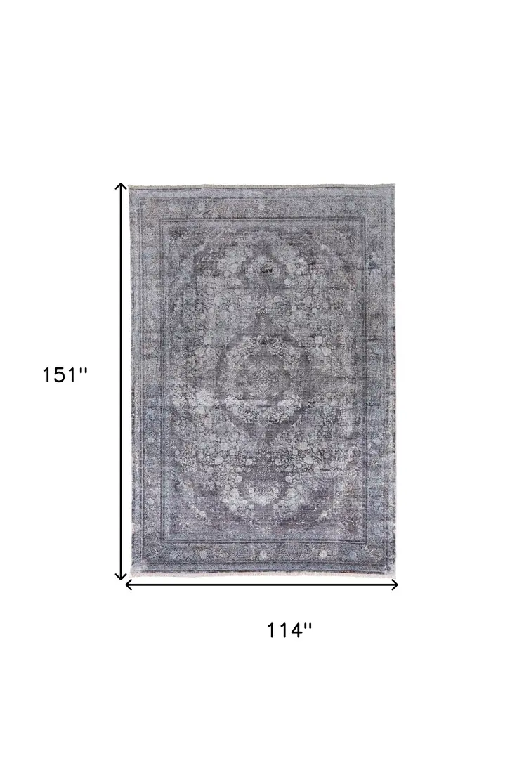 9' X 13' Gray and Silver Oriental Power Loom Worn Faded Area Rug