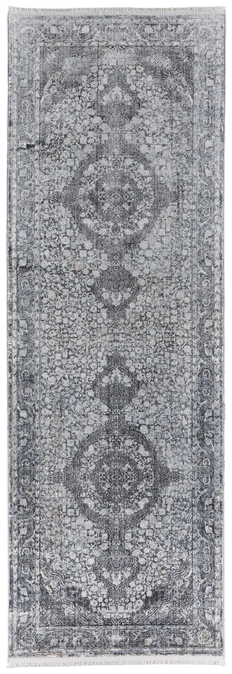 8' Gray and Silver Oriental Power Loom Worn Faded Runner Rug