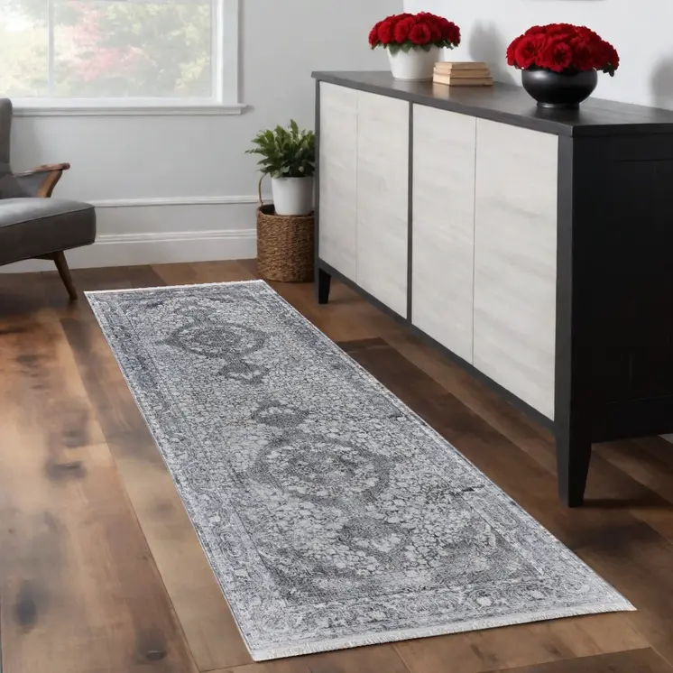 8' Gray and Silver Oriental Power Loom Worn Faded Runner Rug