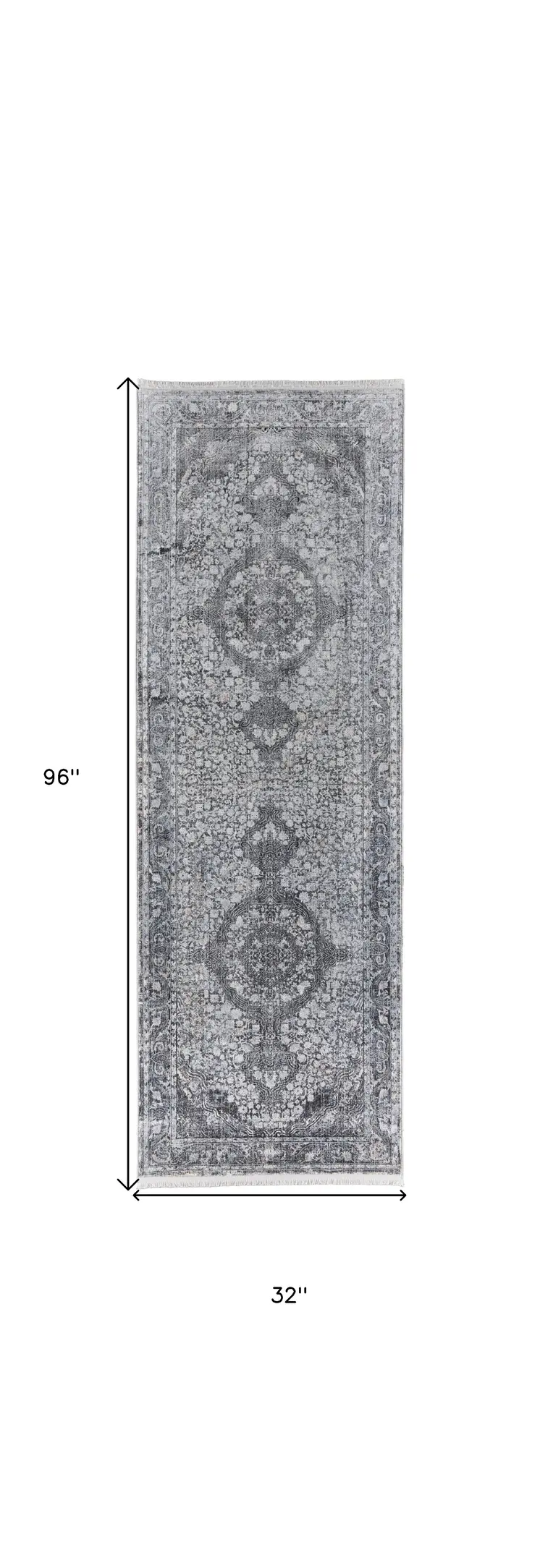 8' Gray and Silver Oriental Power Loom Worn Faded Runner Rug