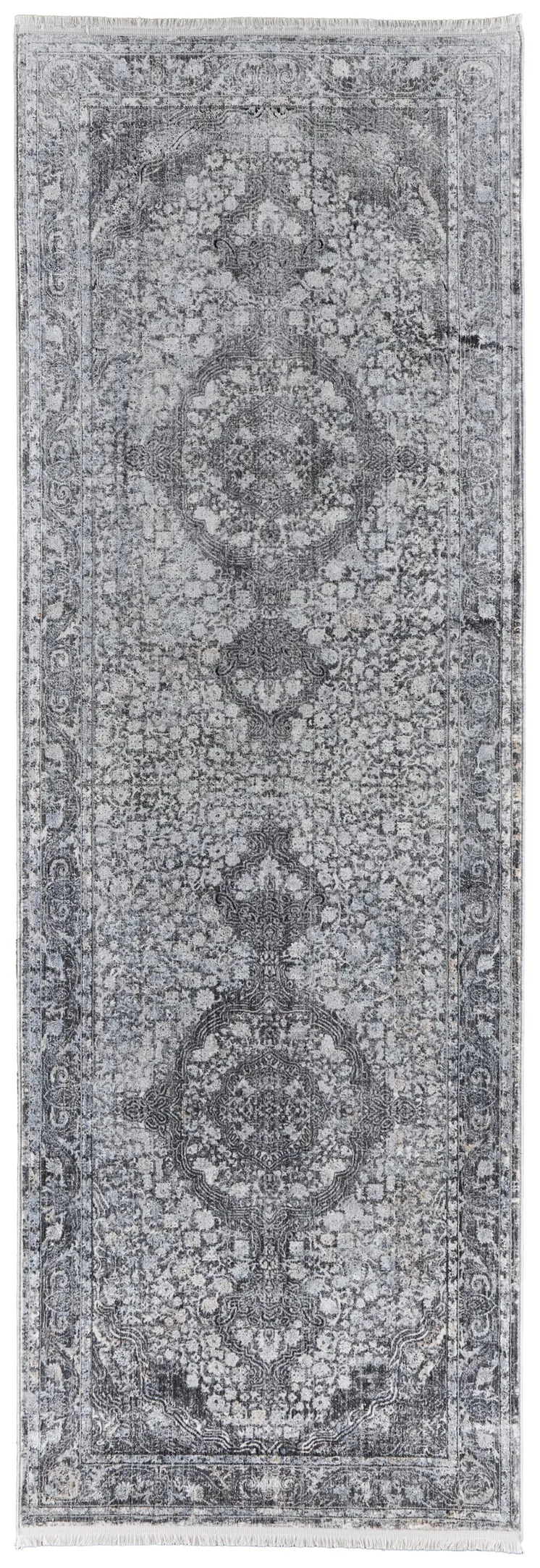 8' Gray and Silver Oriental Power Loom Worn Faded Runner Rug