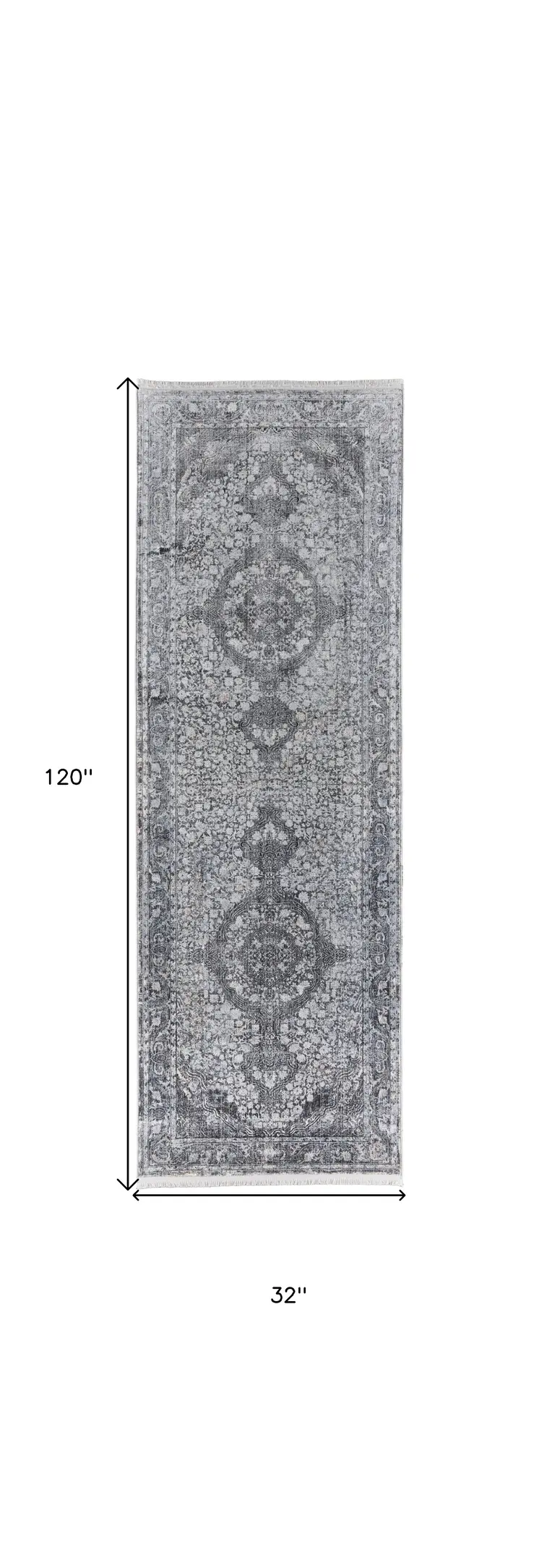 8' Gray and Silver Oriental Power Loom Worn Faded Runner Rug